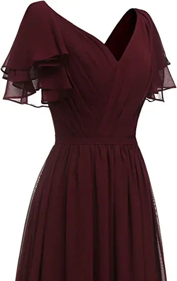 Abito da damigella con manica a foglia, scollo a V, chiffon lungo, abito formale da sera per matrimonio Y1206