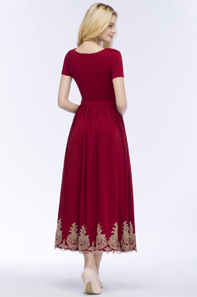 Vestidos de Baile de Finalistas de Tamanho Grande com Linha em A, Comprimento ao Tornozelo, Mangas Curtas e Apliques, com Cinto