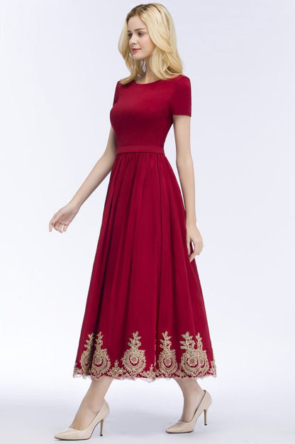 Vestidos de fiesta de talla grande con apliques, mangas cortas, largo hasta el tobillo, corte A y faja