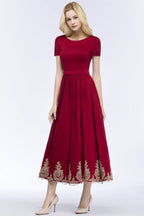 Vestidos de Baile de Finalistas de Tamanho Grande com Linha em A, Comprimento ao Tornozelo, Mangas Curtas e Apliques, com Cinto