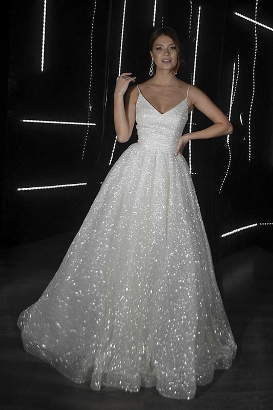 Robe de mariée de plage dos nu ligne A col en V paillettes robes de mariée ivoire WD294