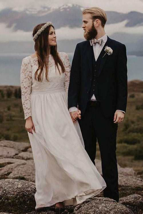 Abito da sposa in chiffon a linea A, lunghezza fino al pavimento, con maniche lunghe e scollo a barca
