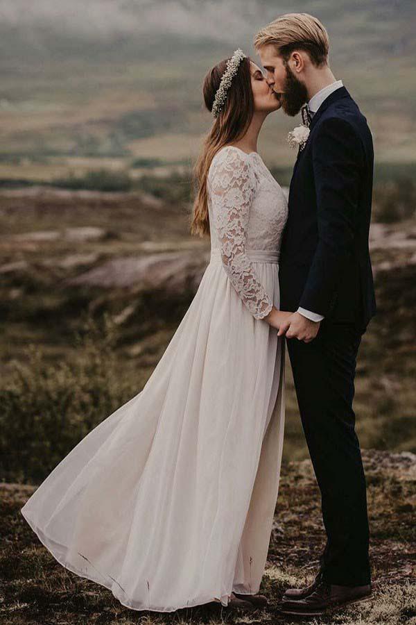 Abito da sposa in chiffon a linea A, lunghezza fino al pavimento, con maniche lunghe e scollo a barca