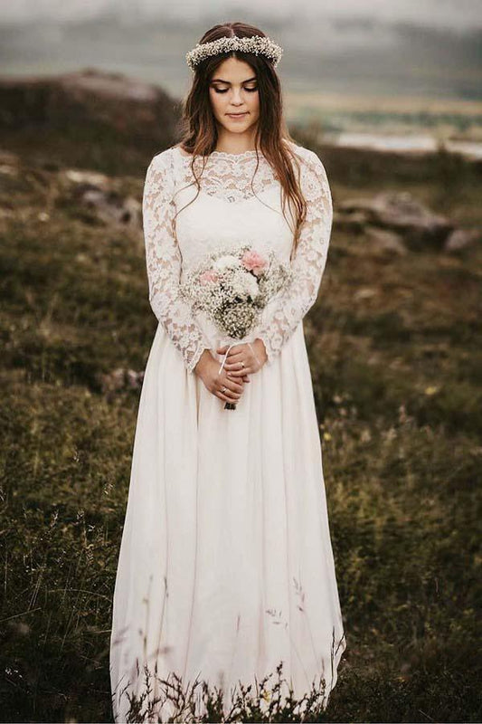A-Linie, Bateau-Ausschnitt, bodenlanges Chiffon-Brautkleid mit langen Ärmeln