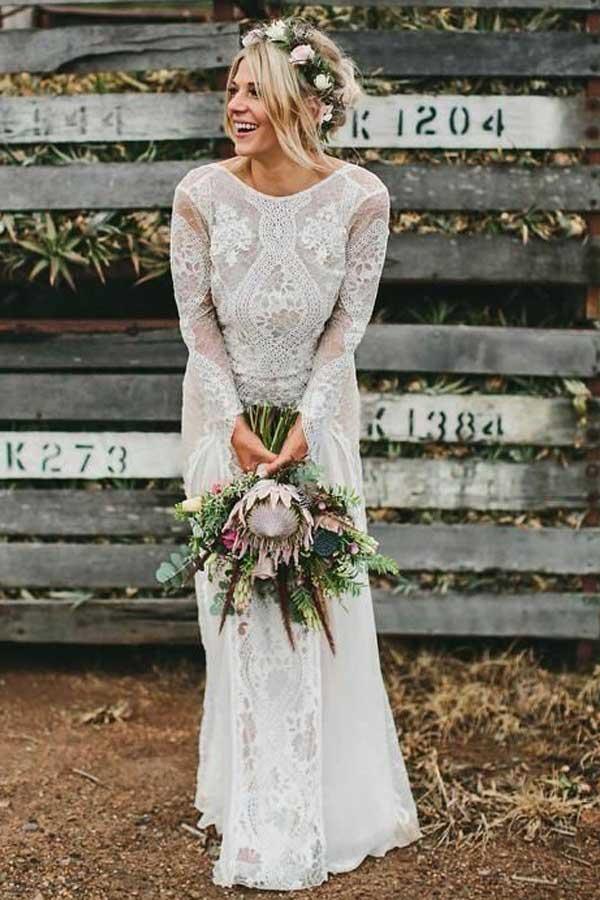 Abito da sposa in chiffon a linea A con scollo a barca, maniche lunghe e schiena scoperta, con pizzo