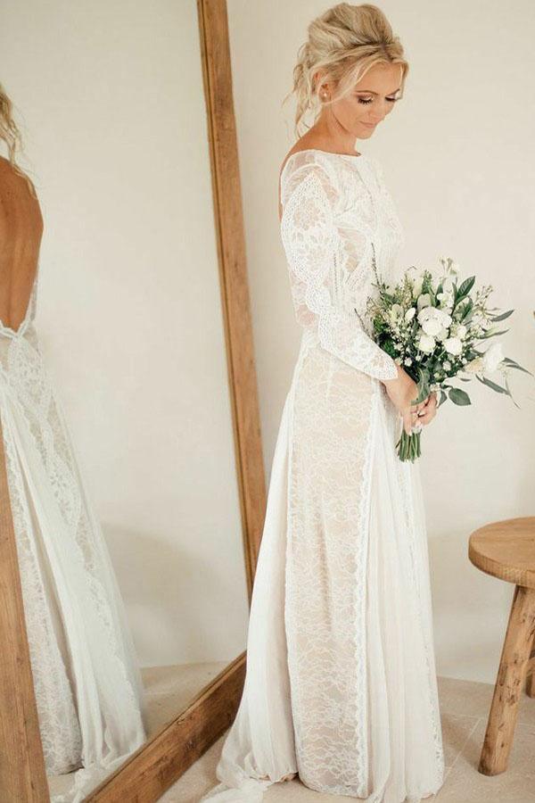 Abito da sposa in chiffon a linea A con scollo a barca, maniche lunghe e schiena scoperta, con pizzo