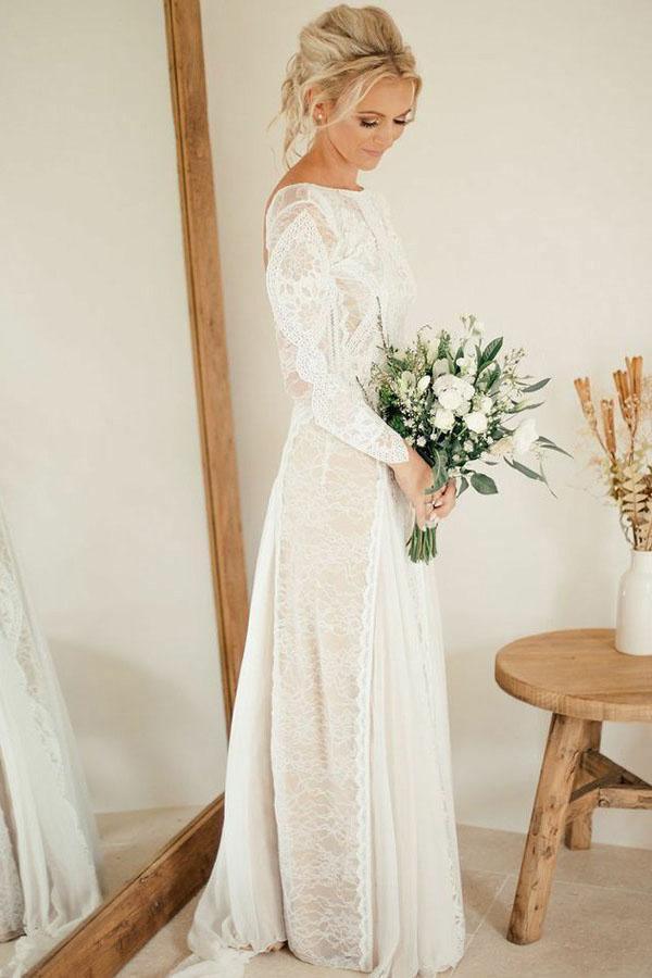 Etui-Linie Bateau-Ausschnitt Langarm Rückenfreies Chiffon-Brautkleid mit Spitze