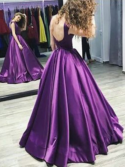 Vestidos de fiesta de satén con corte en A, escote barco, sin mangas, largo hasta el suelo y volantes