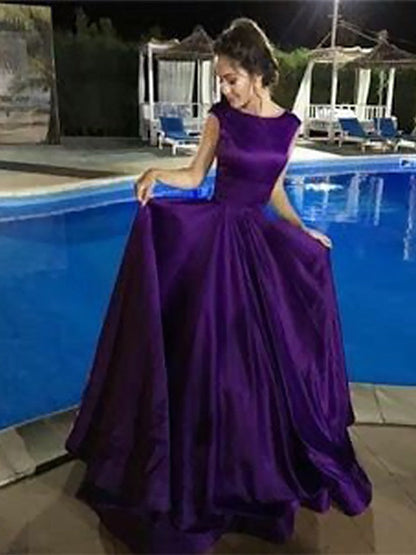 Vestidos de fiesta de satén con corte en A, escote barco, sin mangas, largo hasta el suelo y volantes
