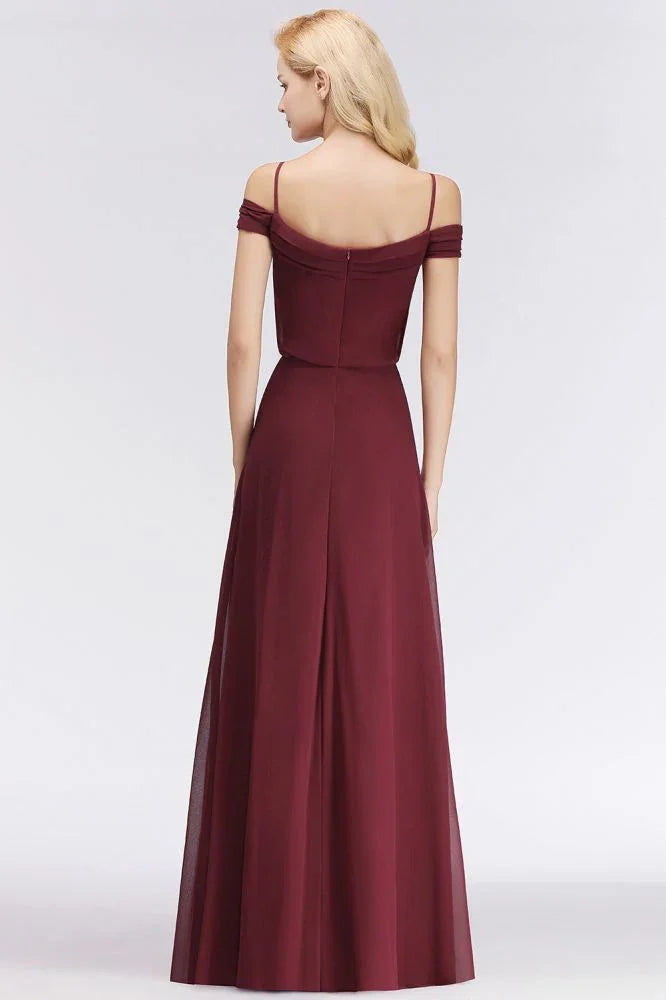 Abito da damigella d'onore bordeaux a linea ad A, scollatura a barca, lungo fino a terra, da festa