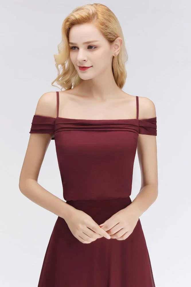 Vestido de Dama de Honra Borgonha em Linha A, Ombros Descobertos, Comprimento Até ao Chão, Vestido de Festa