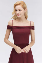 Vestido de Dama de Honra Borgonha em Linha A, Ombros Descobertos, Comprimento Até ao Chão, Vestido de Festa