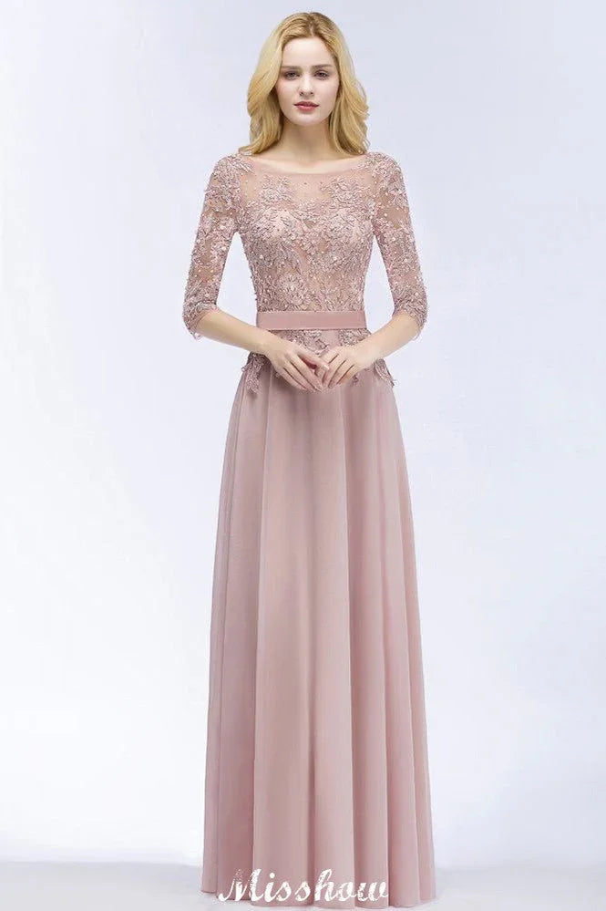 Abito da damigella d'onore in chiffon con applicazioni, linea a trapezio, mezza manica a girocollo, lungo fino a terra, con fascia