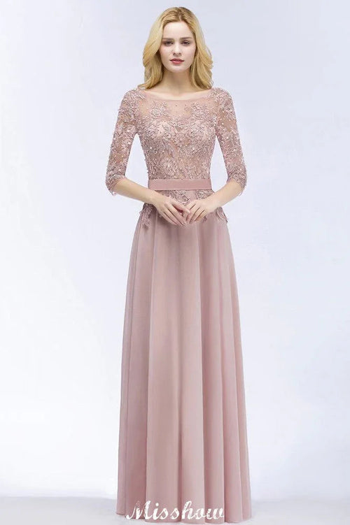 Abito da damigella d'onore in chiffon con applicazioni, linea a trapezio, mezza manica a girocollo, lungo fino a terra, con fascia
