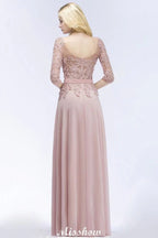 فستان وصيفات من الشيفون بتطريزات على شكل حرف A، بأكمام نصفية وأطوال تصل إلى الأرض، فستان سهرة مع وشاح