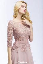 فستان وصيفات من الشيفون بتطريزات على شكل حرف A، بأكمام نصفية وأطوال تصل إلى الأرض، فستان سهرة مع وشاح