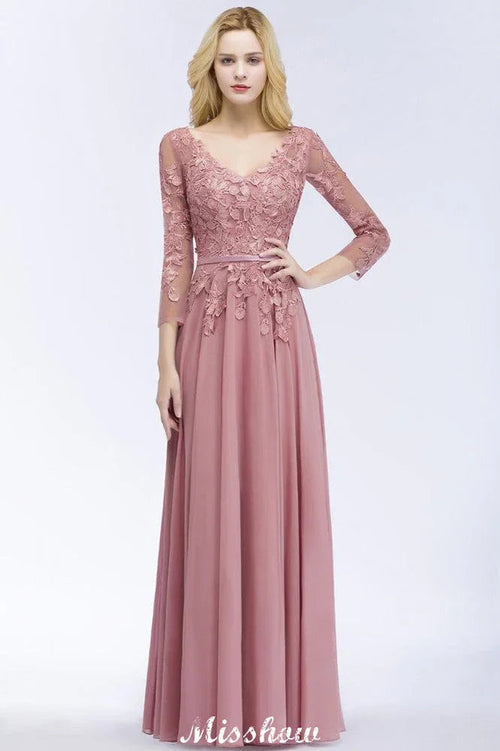 Abito da damigella d'onore in chiffon a linea ad A, lungo fino al pavimento, con applicazioni, scollo a V, maniche lunghe, abito da sera