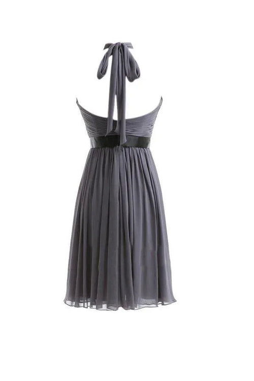 Abito da damigella a linea ad A in chiffon con collo all'americana, drappeggiato con fascia, orlo alto-basso BD016