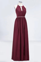 فستان وصيفة العروس بطول الأرض بدون أكمام من الشيفون بقصة على شكل حرف A مع وشاح مزين بالخرز