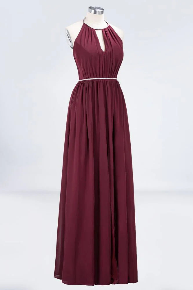 Abito da damigella a linea ad A in chiffon, senza maniche, lungo fino a terra, con scollo all'americana e fascia decorata con perline