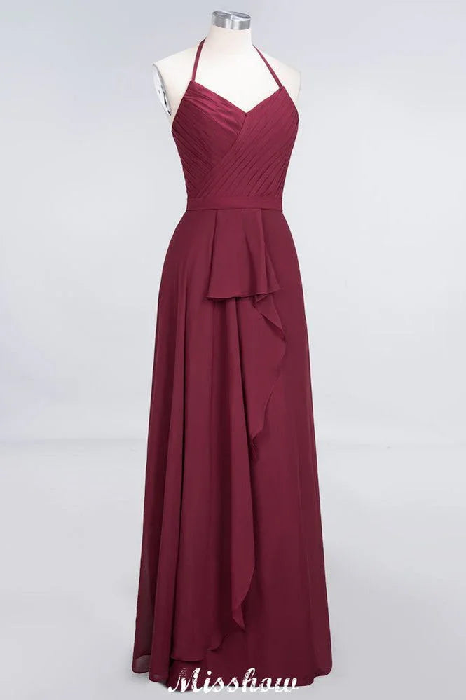 فستان وصيفة العروس بطول الأرض، بدون أكمام، بياقة على شكل حرف V، من الشيفون، بتصميم خط A مع كشكش