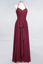 فستان وصيفة العروس بطول الأرض، بدون أكمام، بياقة على شكل حرف V، من الشيفون، بتصميم خط A مع كشكش