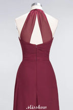 فستان وصيفة العروس بطول الأرض، بدون أكمام، بياقة على شكل حرف V، من الشيفون، بتصميم خط A مع كشكش