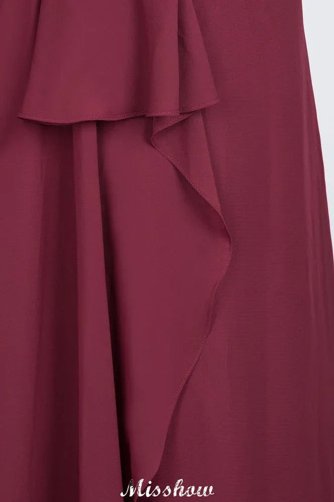 فستان وصيفة العروس بطول الأرض، بدون أكمام، بياقة على شكل حرف V، من الشيفون، بتصميم خط A مع كشكش