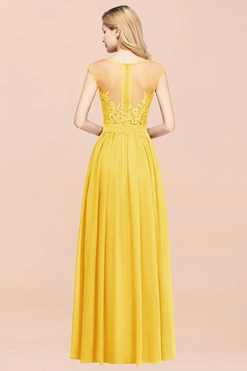 Abito da damigella d'onore lungo fino al pavimento a linea ad A in chiffon con pizzo, senza maniche, con gioielli e applicazioni