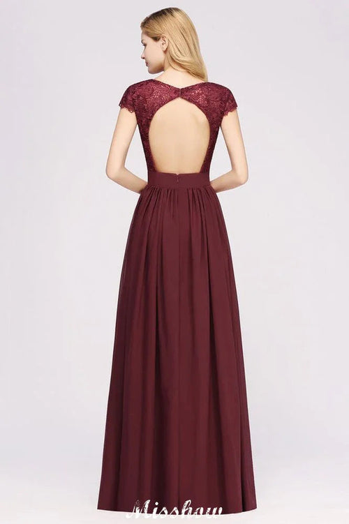 Abito da damigella d'onore lungo fino a terra a linea ad A in chiffon con pizzo, scollo a V, senza maniche e con balze