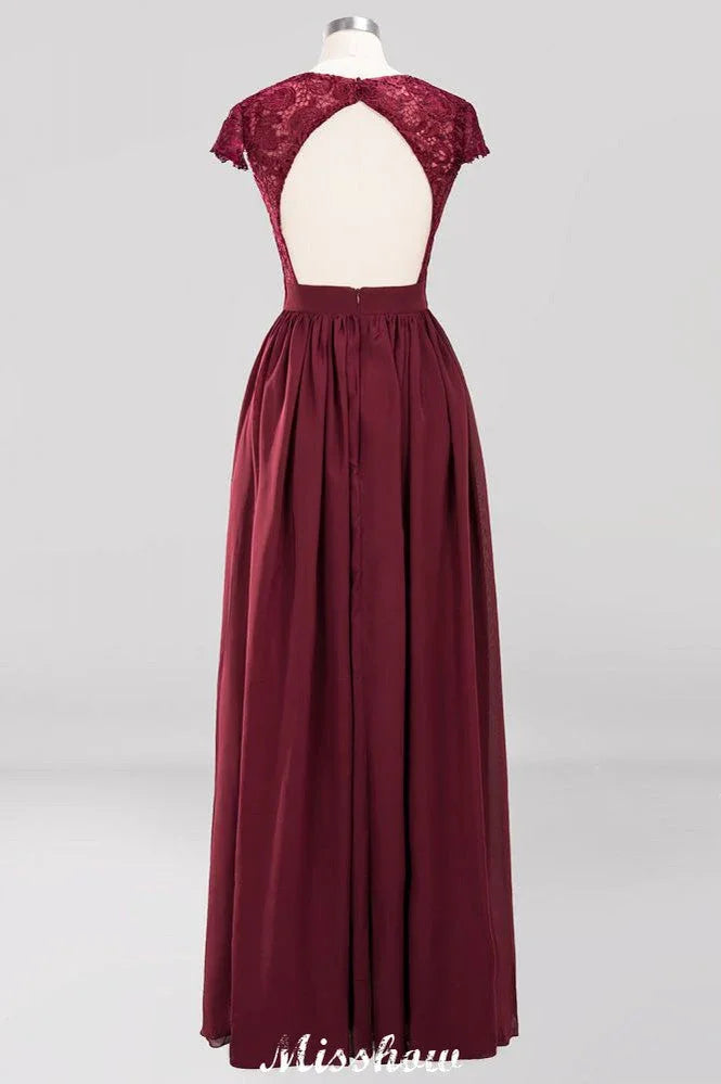 Vestidos de Dama de Honra em Chiffon com Renda, Decote em V, Sem Mangas, Comprimento até ao Chão, com Folhos em Linha A