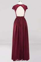 Vestidos de Dama de Honra em Chiffon com Renda, Decote em V, Sem Mangas, Comprimento até ao Chão, com Folhos em Linha A