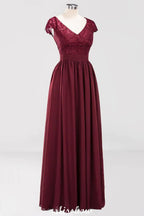 Vestidos de Dama de Honra em Chiffon com Renda, Decote em V, Sem Mangas, Comprimento até ao Chão, com Folhos em Linha A