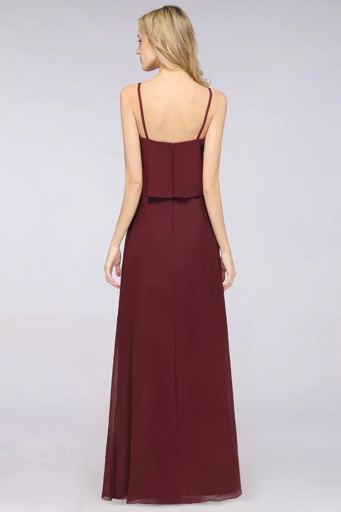 Vestido de Dama de Honra em Chiffon com Alças Finas, Decote em V e Corte em A, Sem Mangas