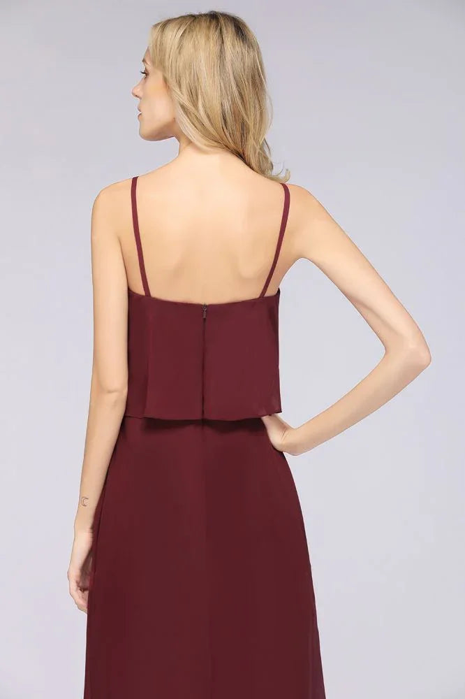 Vestido de Dama de Honra em Chiffon com Alças Finas, Decote em V e Corte em A, Sem Mangas