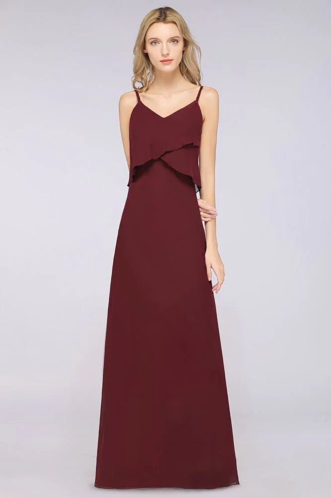 Vestido de Dama de Honra em Chiffon com Alças Finas, Decote em V e Corte em A, Sem Mangas