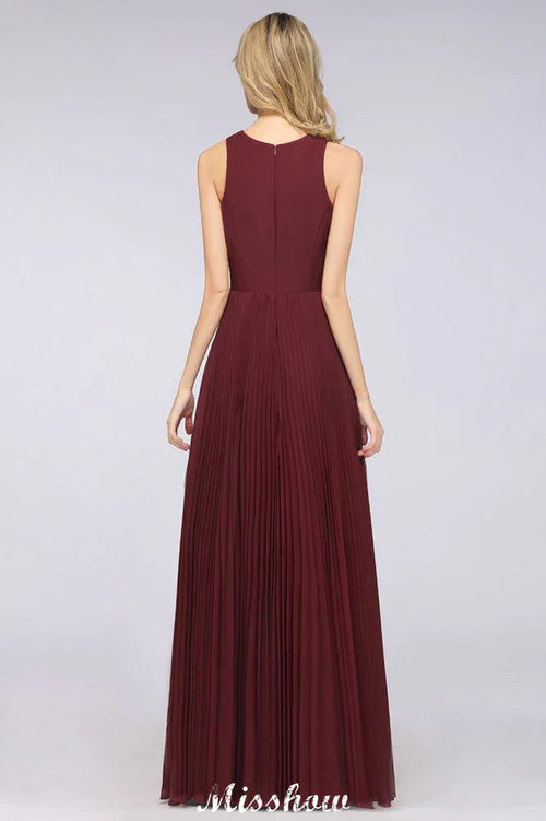 Abito da damigella d'onore senza maniche in chiffon a linea ad A con scollo a V, lunghezza fino al pavimento, balze e spacco laterale da sera