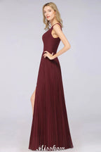 فستان وصيفة العروس من الشيفون بطول الأرض، برقبة على شكل حرف V، بدون أكمام، مزين بالكشكش، مع فتحة جانبية، فستان سهرة