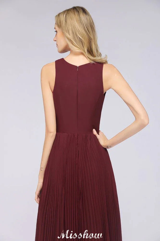 فستان وصيفة العروس من الشيفون بطول الأرض، برقبة على شكل حرف V، بدون أكمام، مزين بالكشكش، مع فتحة جانبية، فستان سهرة