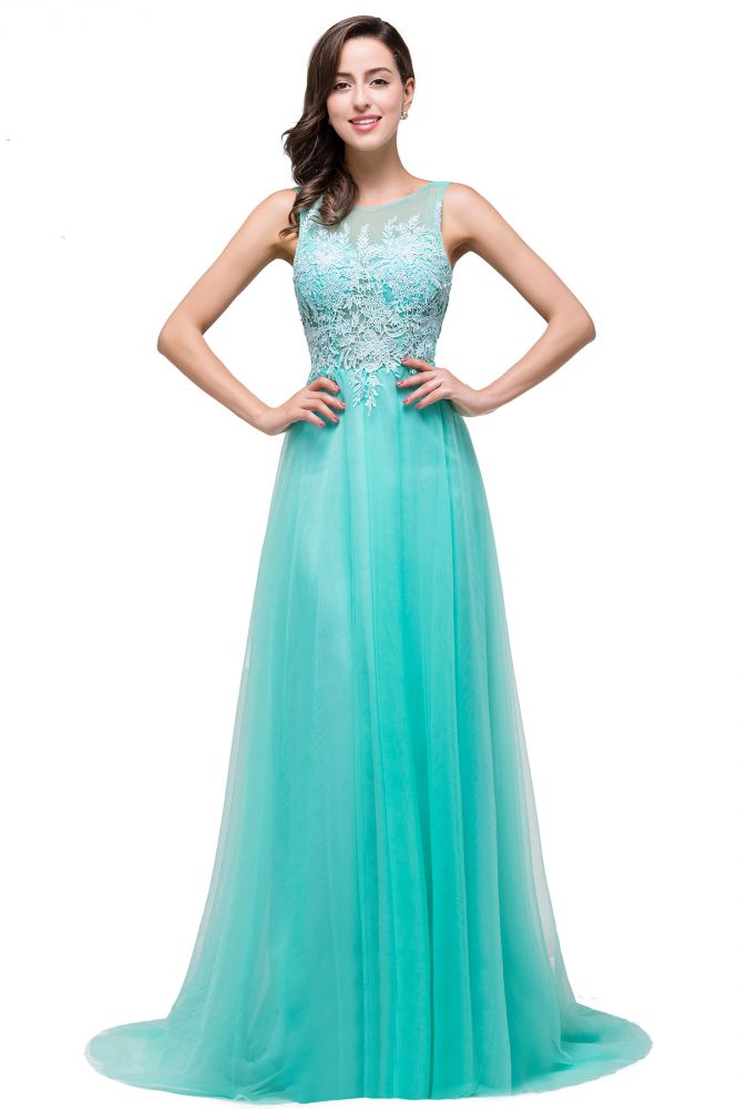 A-line Court Train Tulle Evening Dress with Appliques