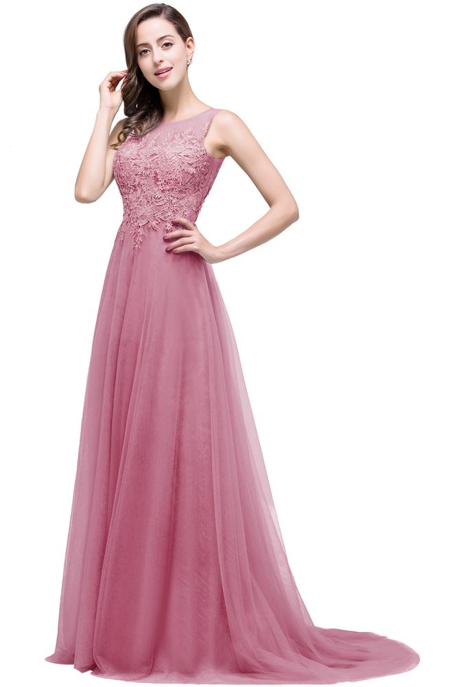 A-Linien-Abendkleid aus Tüll mit Hofschleppe und Applikationen