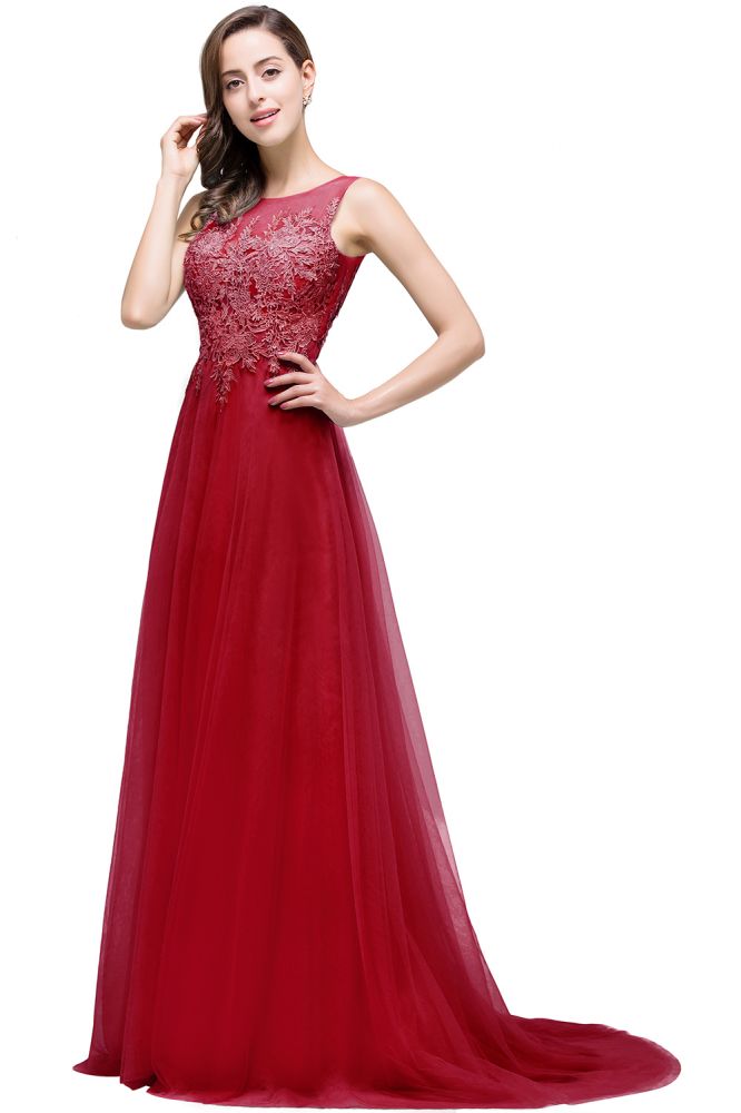 A-Linien-Abendkleid aus Tüll mit Hofschleppe und Applikationen
