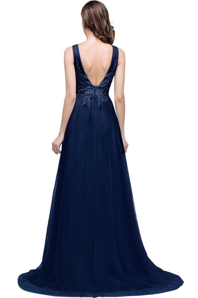 A-line Court Train Tulle Evening Dress with Appliques