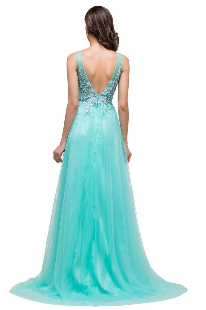 A-Linien-Abendkleid aus Tüll mit Hofschleppe und Applikationen