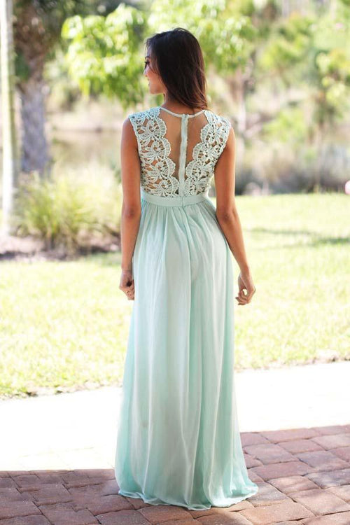 Abito da damigella in chiffon menta a linea A, lunghezza fino al pavimento, con pizzo BD039