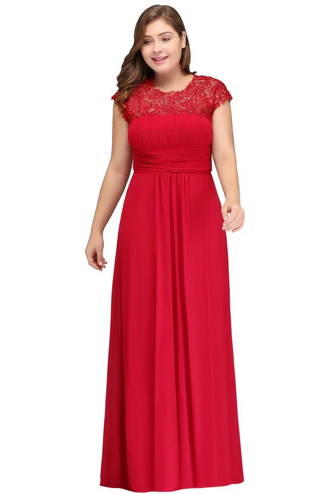 Robe de soirée en mousseline avec appliques, coupe droite, longueur au sol, grande taille, manches courtes cape en dentelle