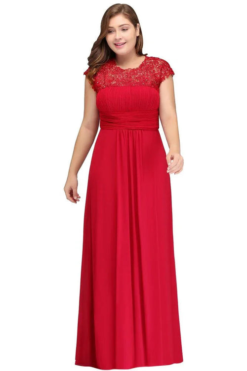 Abito da sera A-line con scollo tondo, lunghezza fino al pavimento, taglia comoda, maniche a cappuccio, chiffon di pizzo con applicazioni