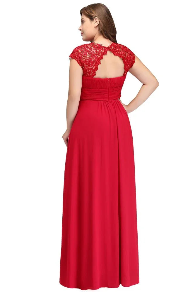 Robe de soirée en mousseline avec appliques, coupe droite, longueur au sol, grande taille, manches courtes cape en dentelle