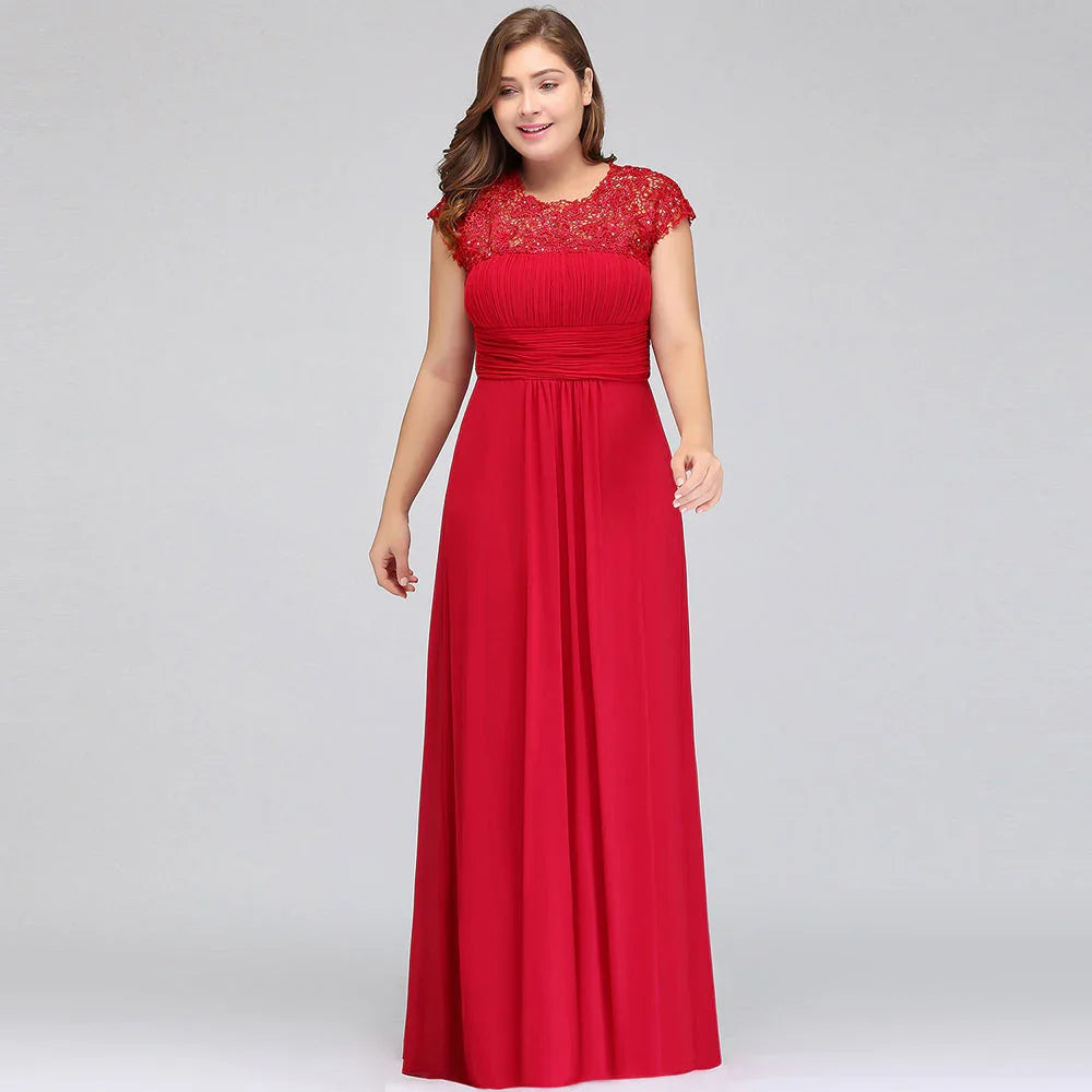 Robe de soirée en mousseline avec appliques, coupe droite, longueur au sol, grande taille, manches courtes cape en dentelle