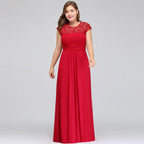 Robe de soirée en mousseline avec appliques, coupe droite, longueur au sol, grande taille, manches courtes cape en dentelle